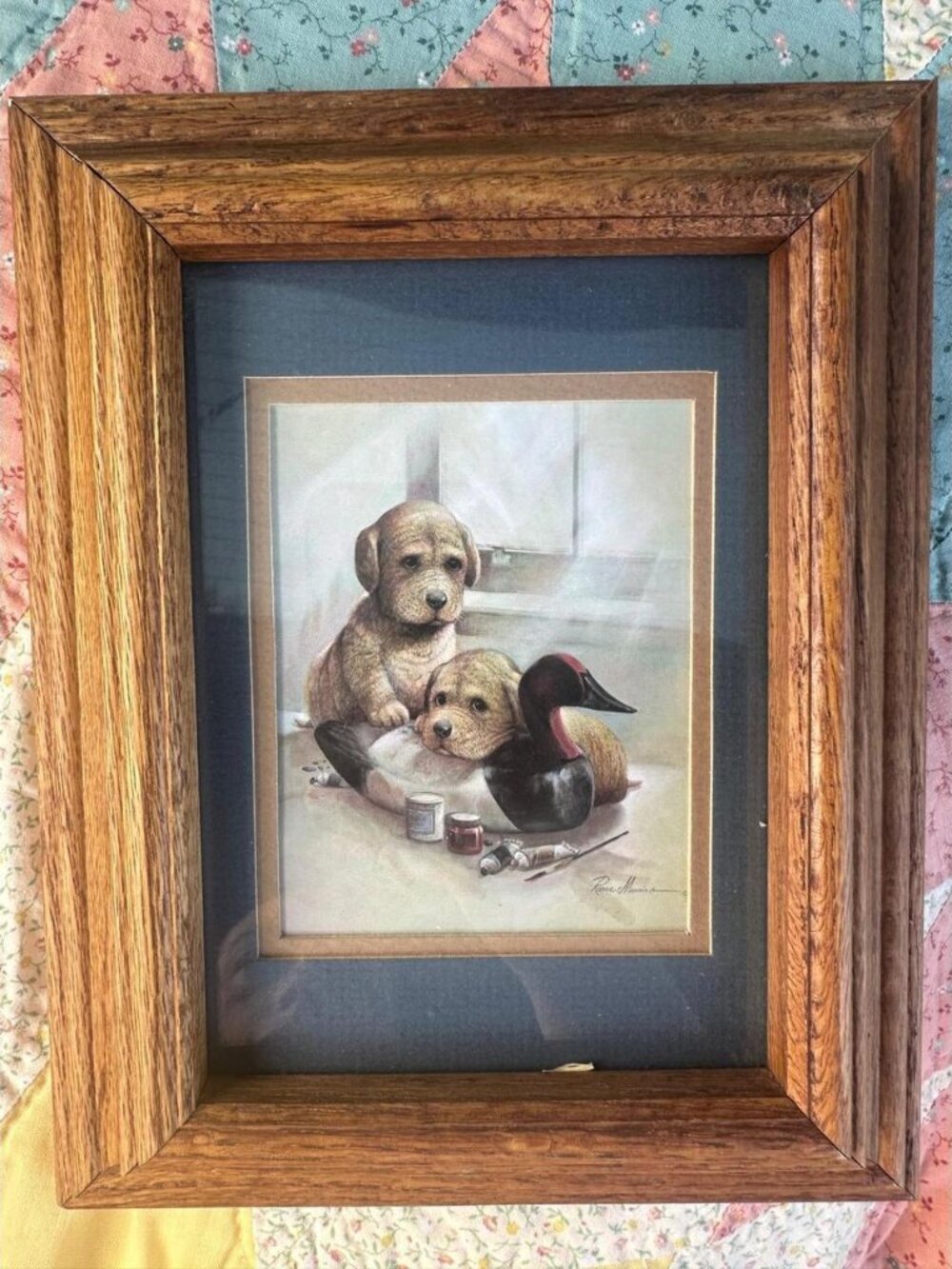 90s Vintage Puppy Duck Decoy Cabincore Art | Solid Wood Glass Frame